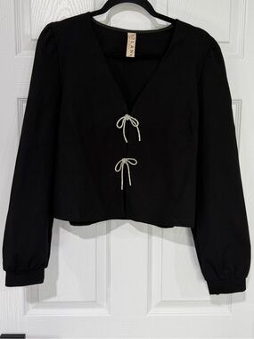 dolan Black V-Neck Crop cardigan with Metallic/Rhinestone BOW Fronts